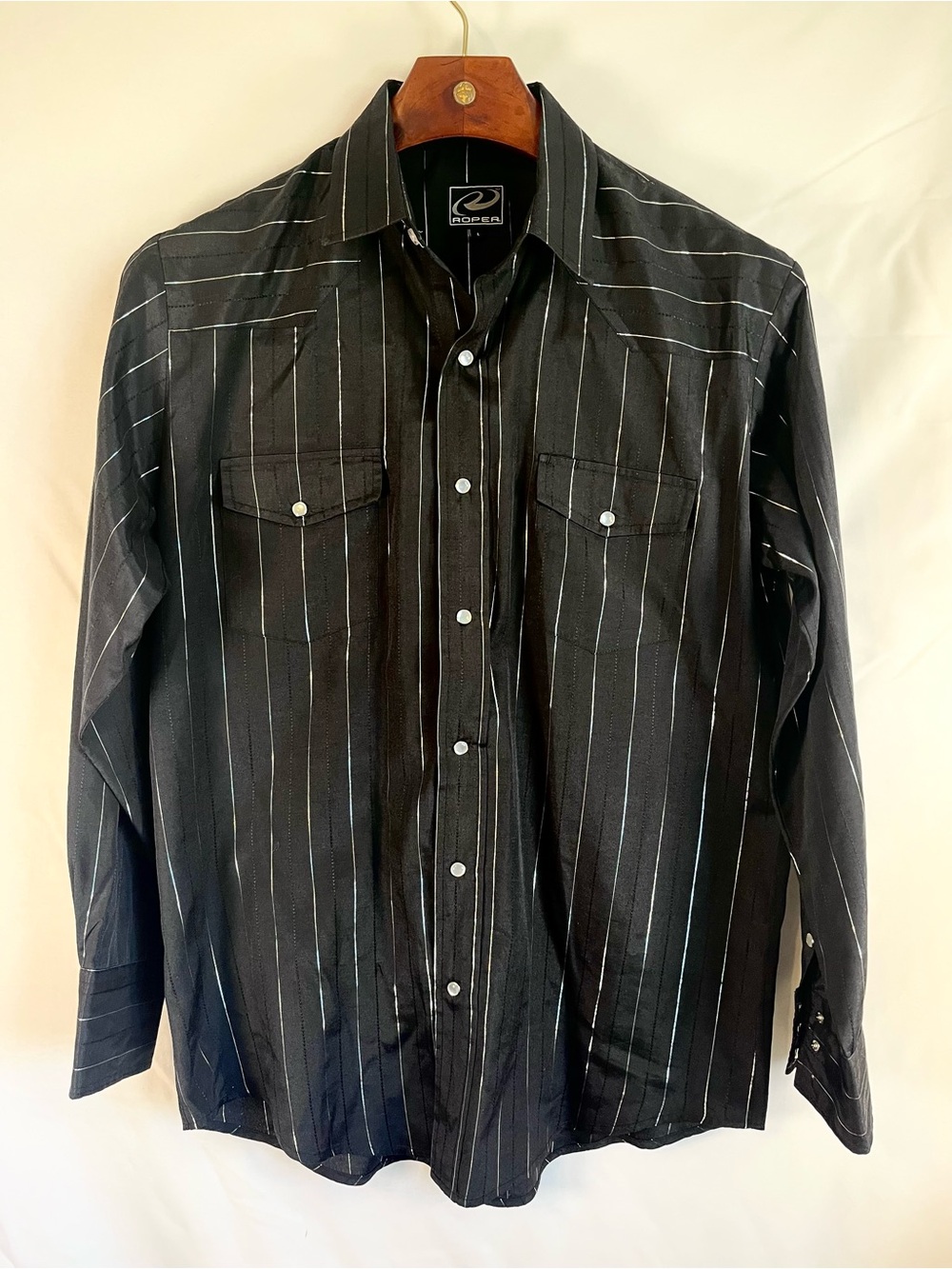 Roper Western Pearl Snap Shirt Mens Large Black w Silver Pinstripe Cowboy Rodeo